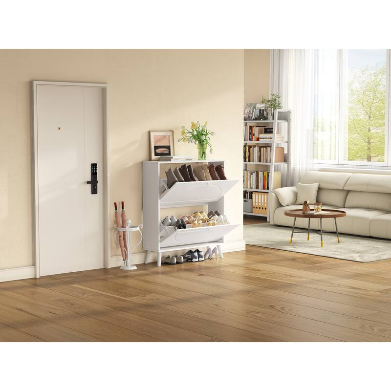 Tipping Bucket Shoe Cabinet, Freestanding Slim Narrow Shoe Rack, Shoe Storage Cabinet with Carved Doors & Solid Wood Legs