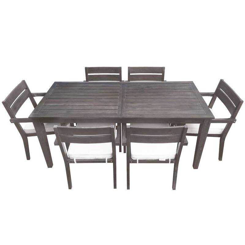 Roomfitters 7-Piece Acacia Wood Outdoor Dining Set with Cushions, 6 Armchairs and Rectangular Table for Patio Garden