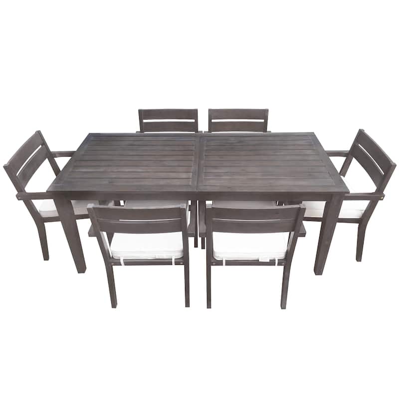 7 Pieces Acacia Wood Outdoor Dining Set with Cushions,Modern 6 Chairs and 1 Large Table, Dining Furniture Set