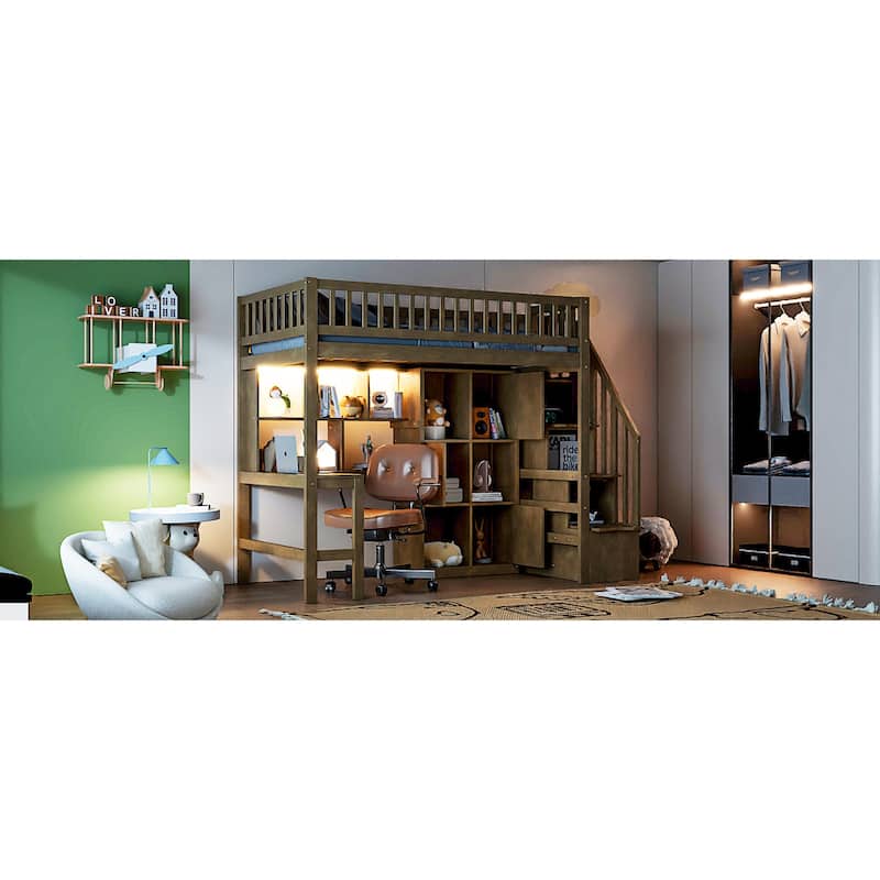Roomfitters Twin Wood Loft Bed with Built-in Desk, Storage Cabinets and LED Light