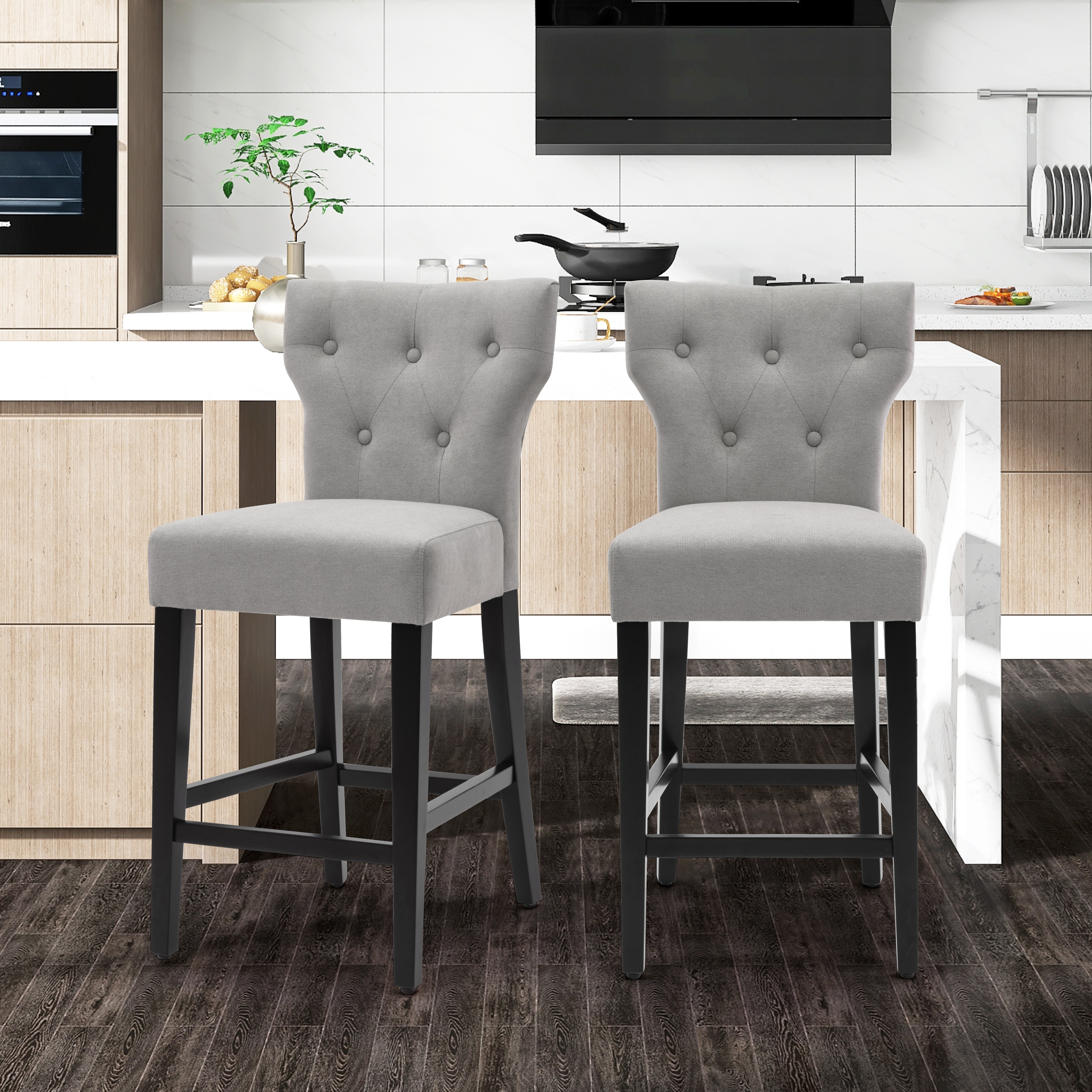 25 Inches Fabric Counter Height Bar Stools Button Tufted Upholstered Island Chairs Set of 2 On Sale Bed Bath Beyond 38385477