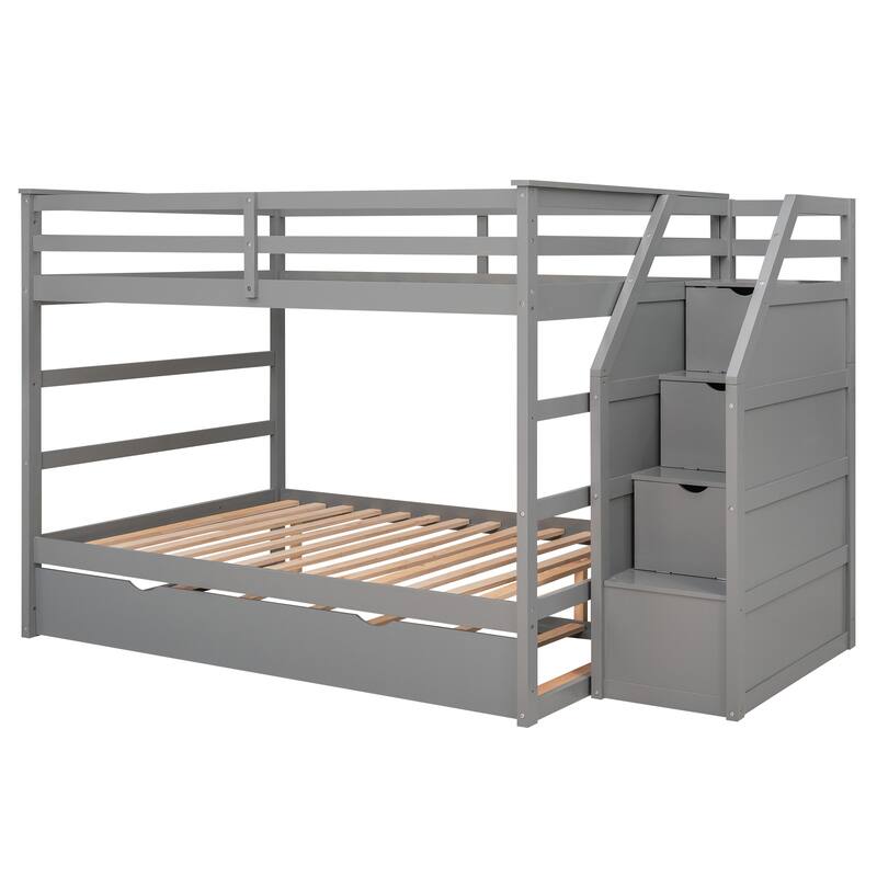 Bunk Bed with Trundle with Safety Guardrail and 3 Storage Stairs, Triple Bunk Multifunctional Space-Saving Solution for Bedroom