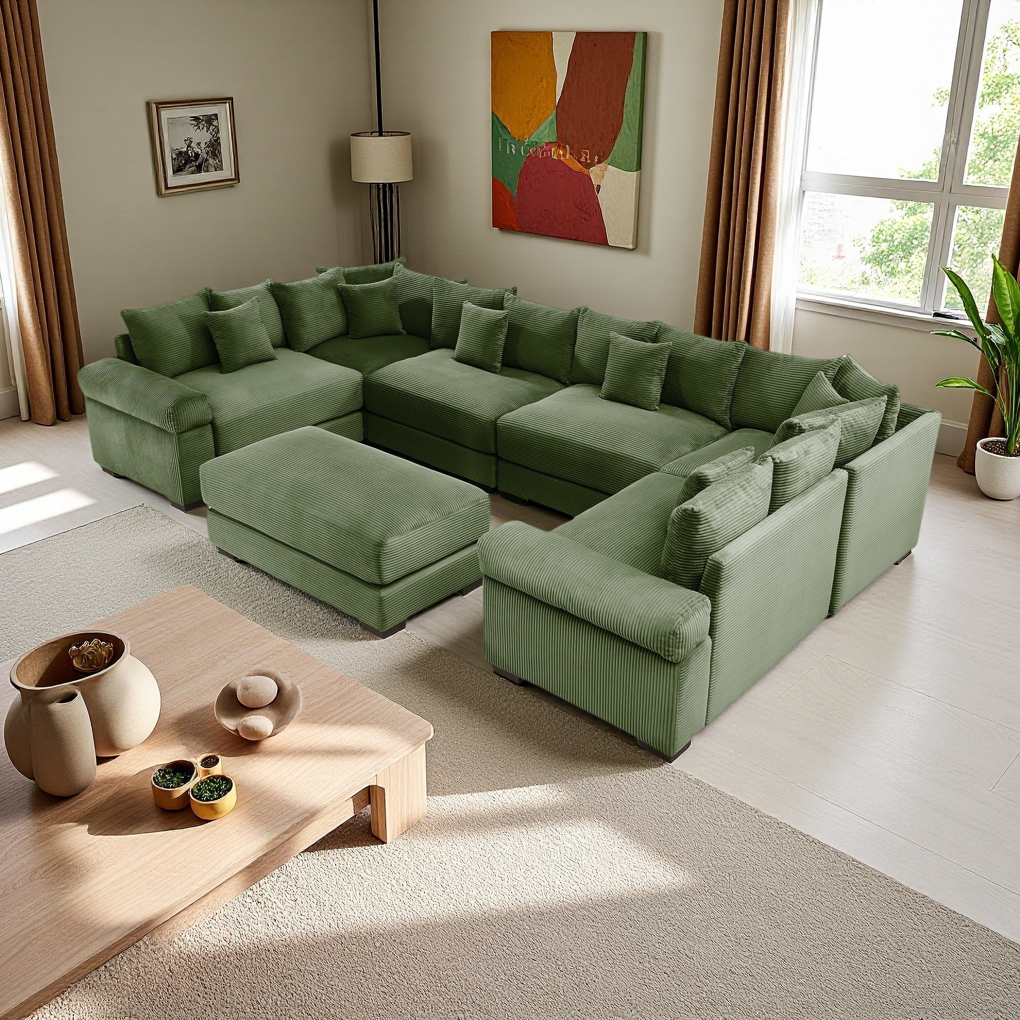 137.7" Corduroy Modular Cloud Sectional Sofa with Ottoman Included and Extra-Wide Armrests (6-Seater)