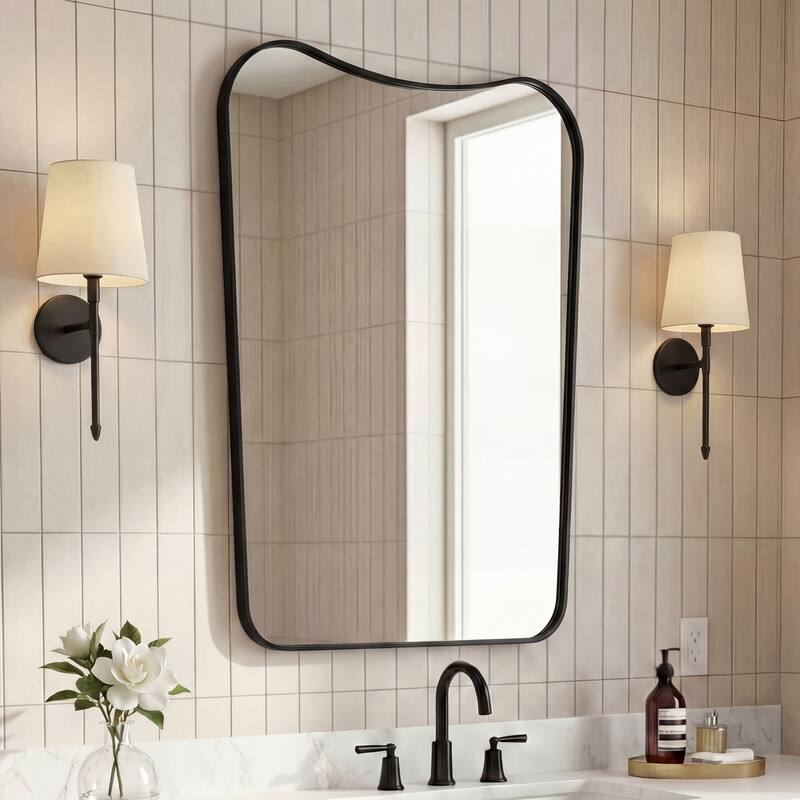 JONATHAN Y Alfie Irregular Metal Framed Wall Mounted Mirror with Flat Bottom - Black - 36 H x 24 W x 1.5 D