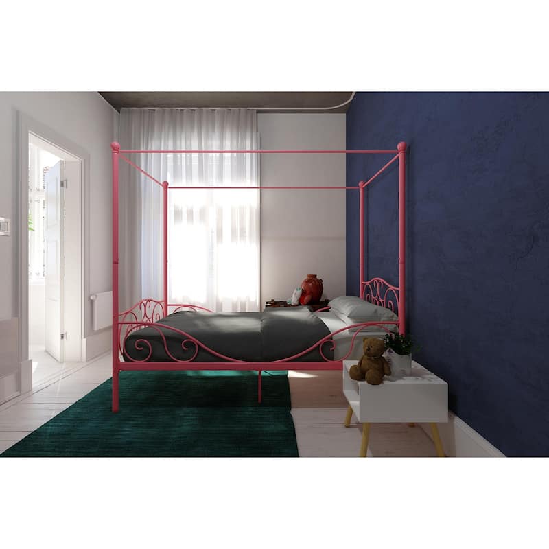 Whimsical Heart-Design Canopy Metal Bed with Slat Support System