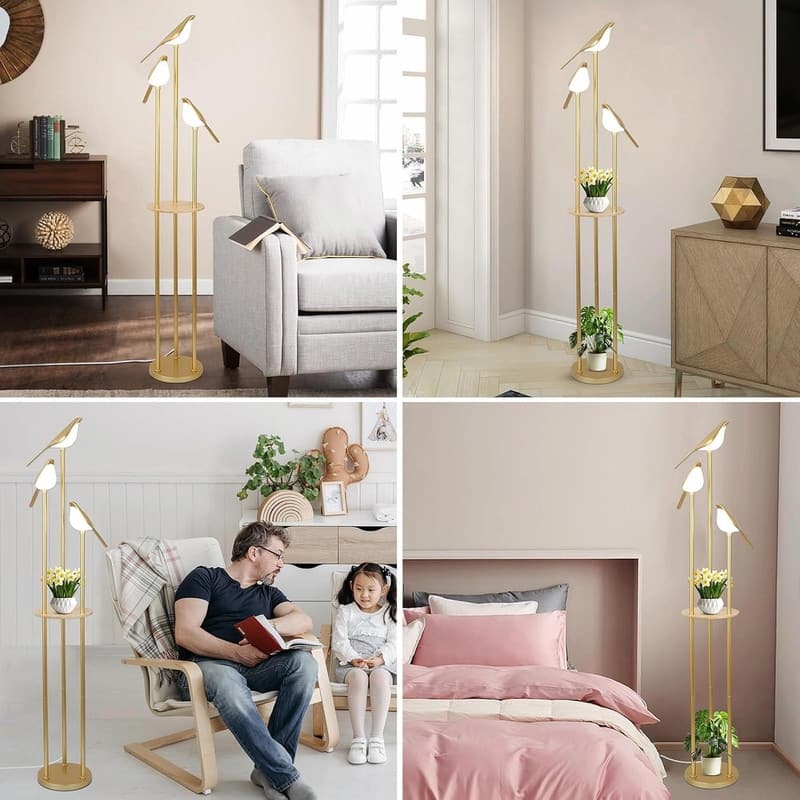Gold Modern Floor Lamp with Shelves - Mid-Century Standing Lamp with 3 Adjustable LED Bird Lights