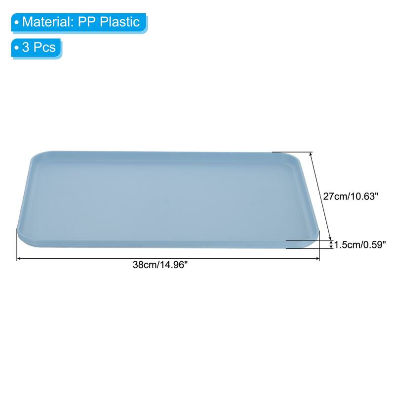 Fast Food Tray, 3 Pack PP Plastic Reusable Rectangle Serving Tray - Blue - 15x11"