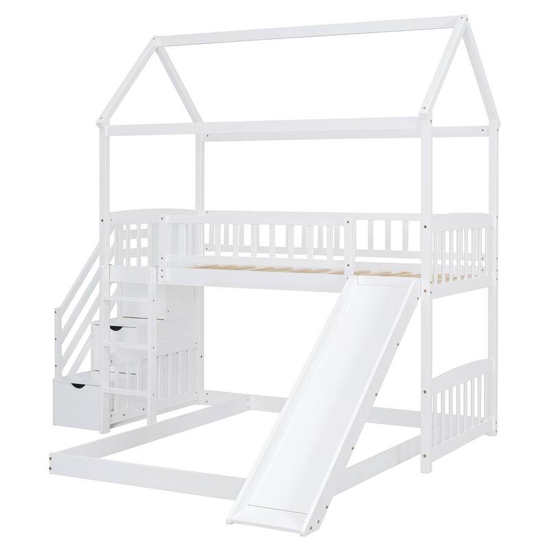 Twin Over Full Bunk Bed with Slide and Storage, White/Gray, Space-Saving Design
