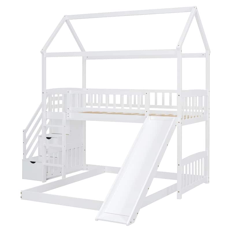 Twin over Twin Size Pine Wood Bunk Bed with Two Drawers and Slide for Kids