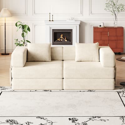 Folding Loveseat Sofa Convertible Sleeper Sofa Bed, Floor Standing Couch Bed Corduroy Floor Mats with Side Pockets and Pillows