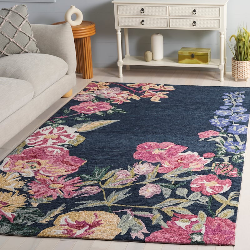SAFAVIEH Handmade Jardin Felismina Floral Wool Rug - Navy/Pink - 6' Square