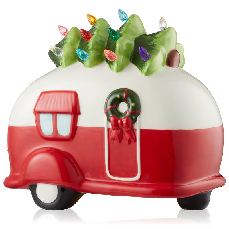 PreLit HandPainted Ceramic Christmas Vintage Camper with Tree - White