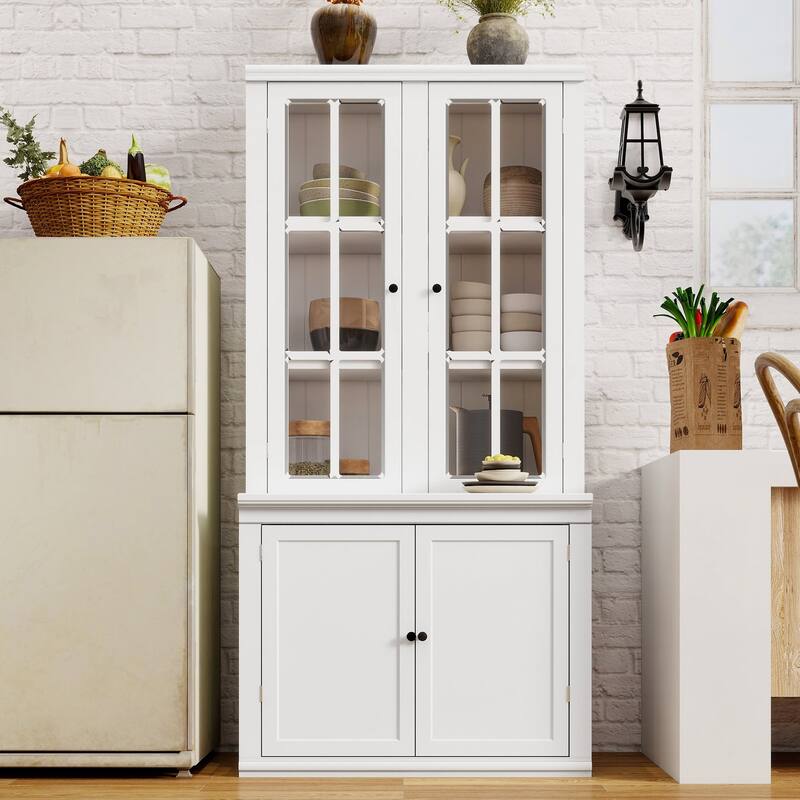 Modular White Curio Bookcase Cabinet w/Glass Doors Buffet Display - 36.25" Double Door Unit