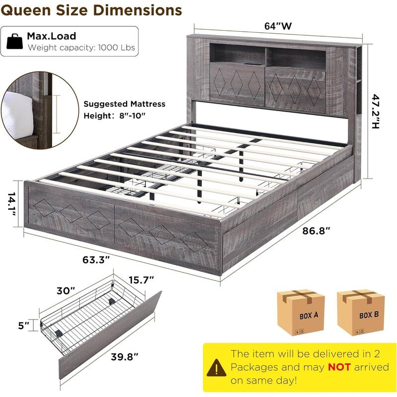 Modern Queen Size Wood Bed Frame with Charging Station and LED Lights