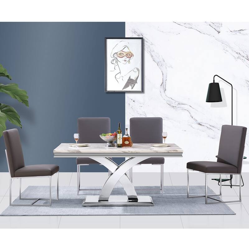 Grey PU Leather Dining Chairs with Mirrored Stainless Steel Legs - Set of 2