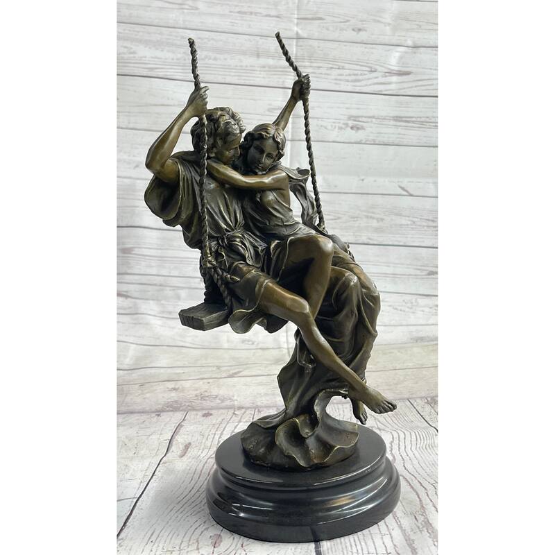 Romantic Lovers Couple Man Woman On Swing Bronze Figure Statue Sculpture Marble Base 14 Inches X 7.5 Inches