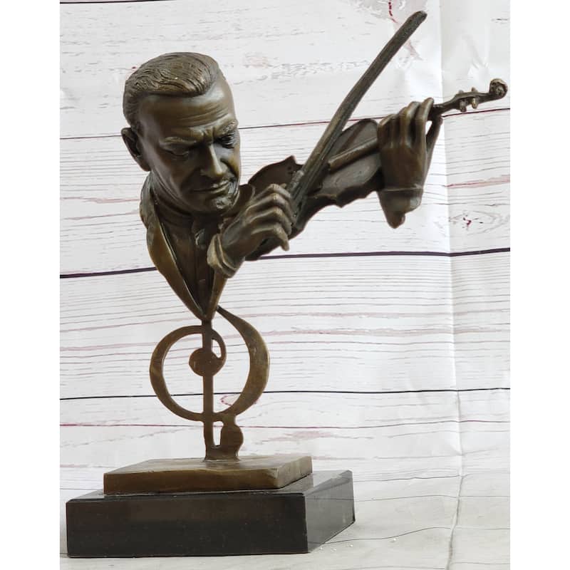 Signed Milo Abstract Man Playing Violin Bronze Bust Sculpture Marble Base Statue