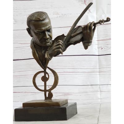 Signed Milo Abstract Man Playing Violin Bronze Bust Sculpture Marble Base Statue