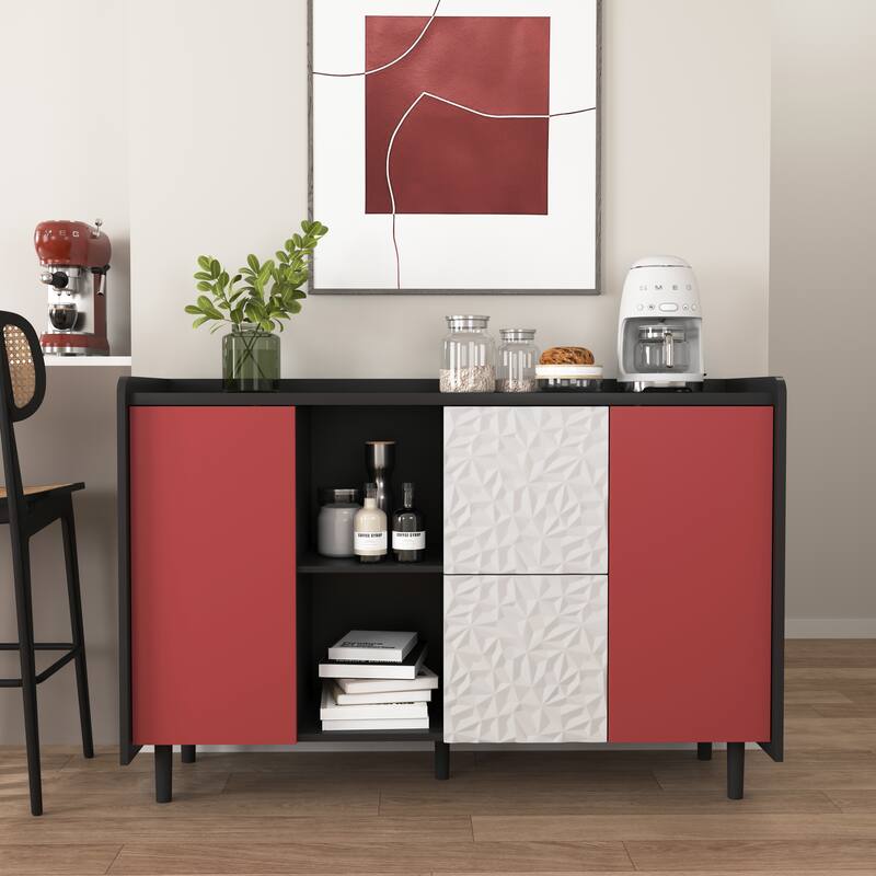 Modern Sideboard Buffet Cabinet with 2 Drawers and 2 Open Storage Compartment - Black+Red