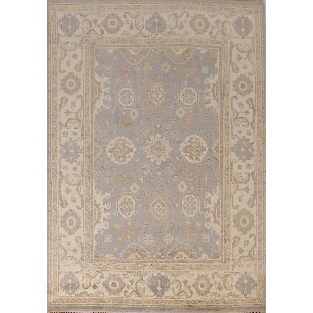 Light Blue Oushak Indian Area Rug Handmade Floral Wool Carpet - 7'9" x 9'7"