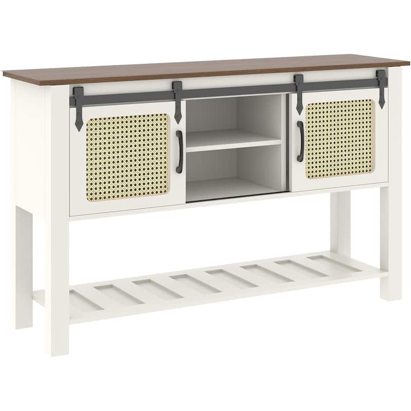 AECOJOY Buffet Cabinet, Coffee Bar Storage Cabinet, 46'' Coffee Bar Table with Rattan Sliding Barn Door, Adjustable Shelves