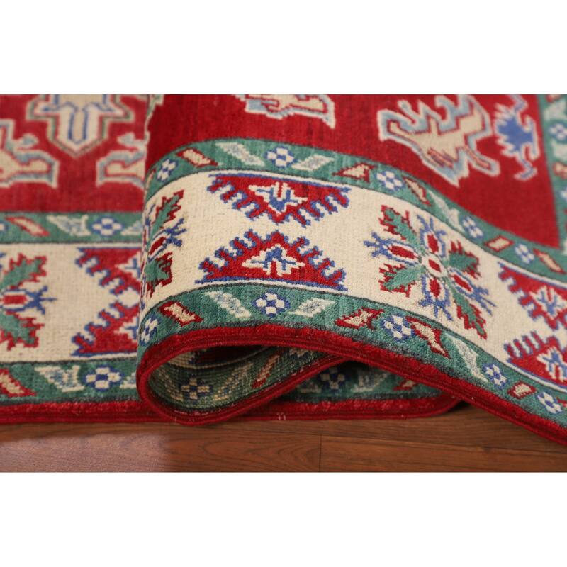 Red Kazak Area Rug Hand-Knotted Oriental Wool Carpet - 4'1" x 5'6"