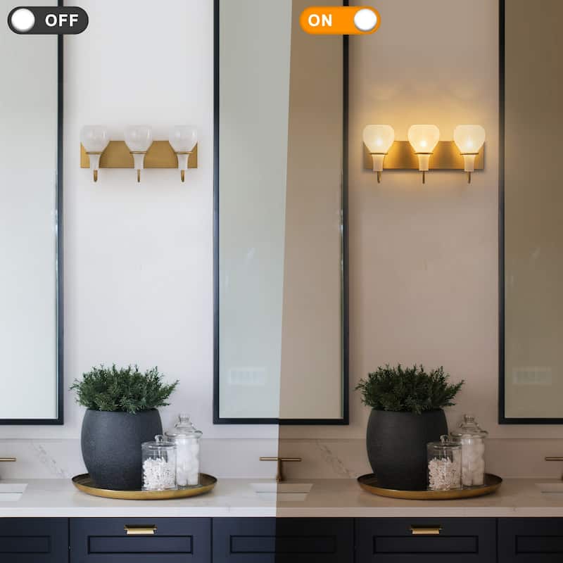 Modern Gold Vanity Light with Clouded Glass Bulb-Vase Shades Bathroom
