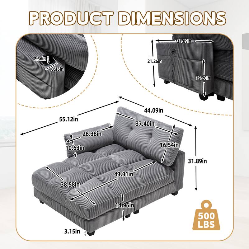 Oversized Corduroy Upholstered Single Chaise Lounge Sofa Couch Switchable Armrest with Cup Holders, USB Ports and Pockets
