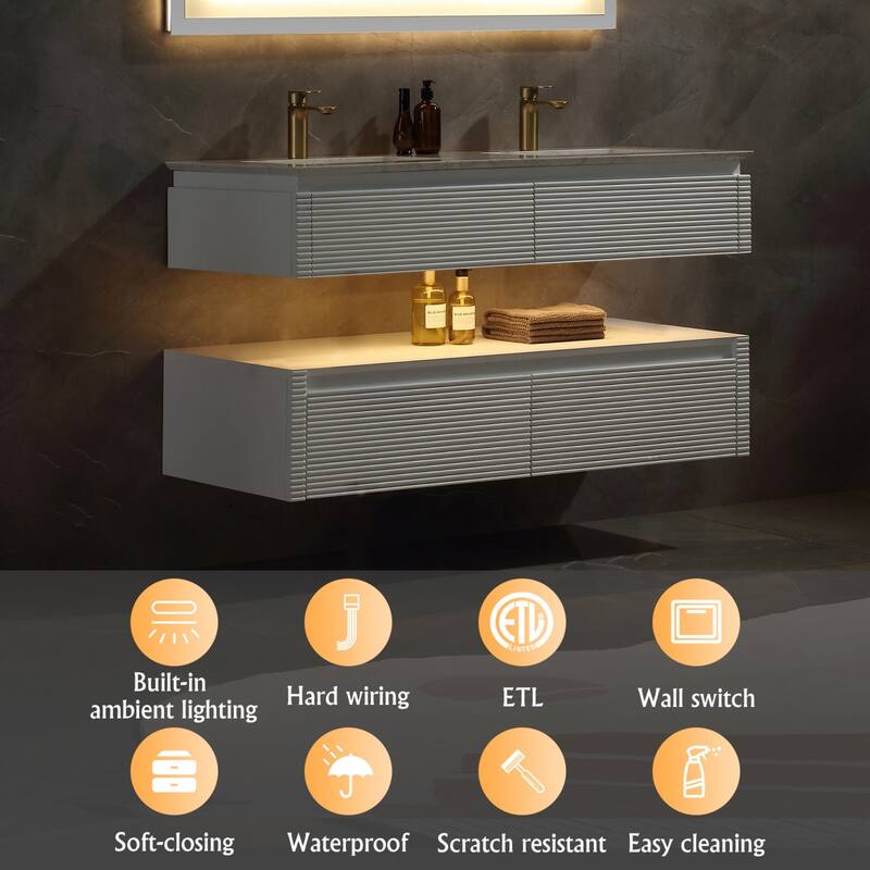 Modland 36''/48'' Floating Bathroom Vanity with ETL-Certified LED Lighting, Soft-Close Drawers & Waterproof, White