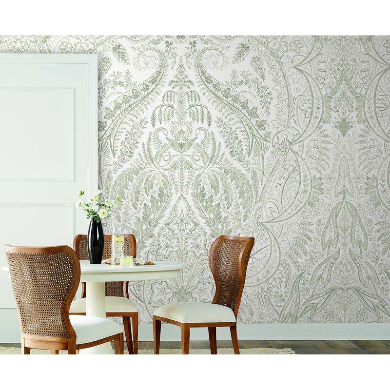 Fayetteville Beige/White Sure Strip Prepasted Damask Jaipur Paisley Damas Mural Wallpaper Covers about 108 sq. ft.