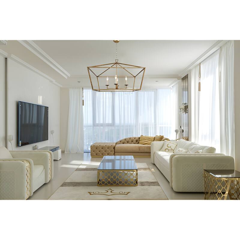 4-Light Gold Lantern, Antique Square Geometric Style Luxury Chandelier - Aged Gold