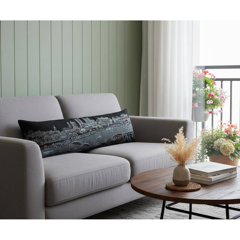 HomeRoots 14" X 46" Dark Gray And White Nashville Nighttime Skyline Lumbar Decorative Pillow