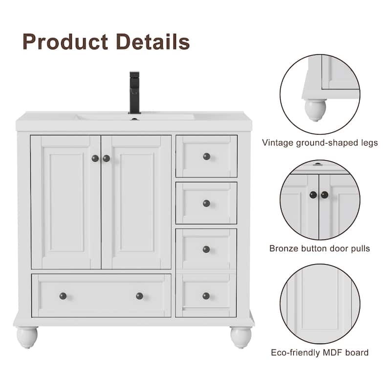 Retro Bathroom Vanity Cabinet Solid Wood Classic with Ceramic Sink