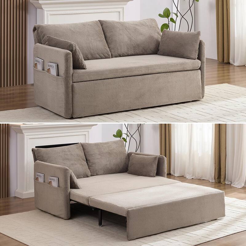 Mixoy Convertible Sofa Bed with Memory Foam Mattress, Queen Size, Beige/Grey, Adjustable Backrest - Beige - 95.67"W×60.63"D×13.58"H
