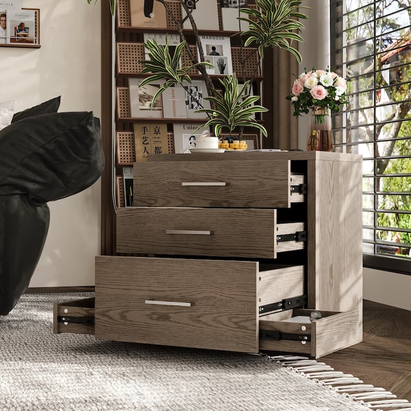 Chic Wooden 3-Drawer Nightstand: Wood Finish with Hidden Drawer for Secret Storage Bedside Table - Brown