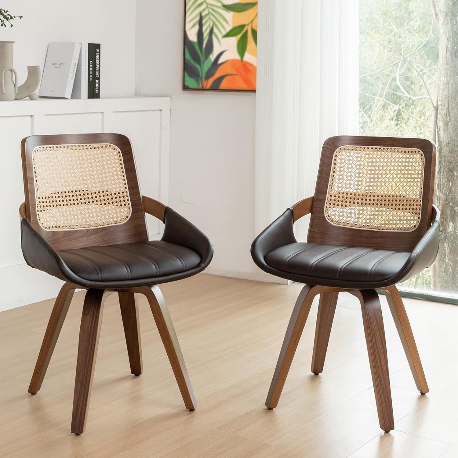 Set of 2 Mid Century Modern Swivel Dining Chairs with Ergonomic Cane Back and Faux Leather Seats