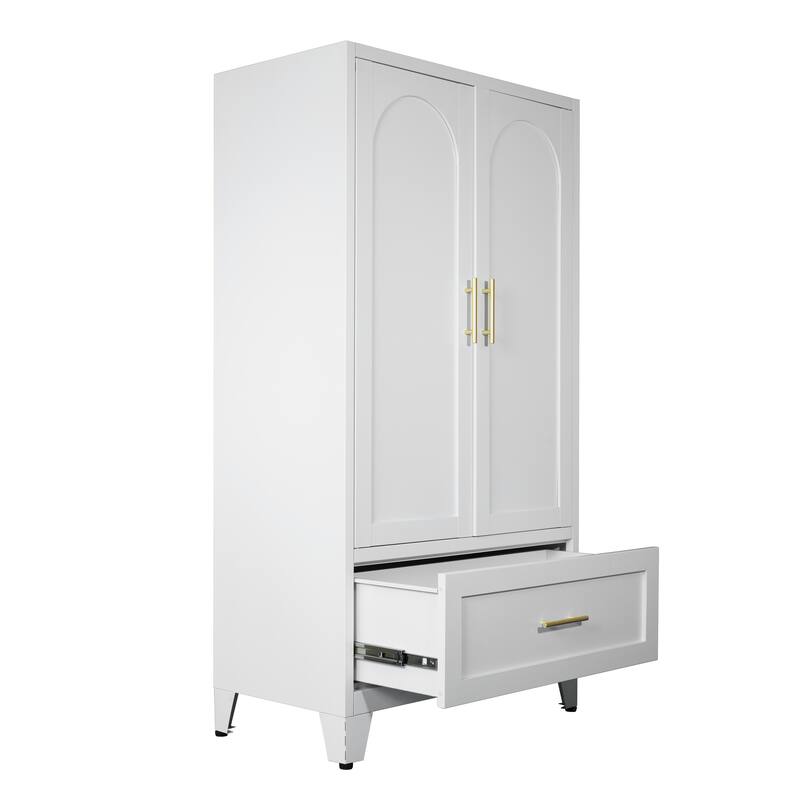 60" Tall Metal Wardrobe Cabinet with 1 Drawer and Hanging Rod, 2 Doors Wardrobe Closet with Shelf