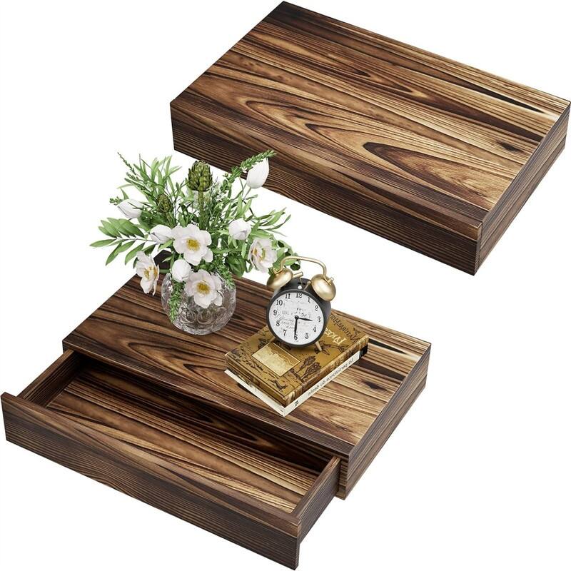2 Packs Rustic Wood Floating Shelf with Drawer - 10.8"D x 16.7"W x 3"H - Brown Set of 2