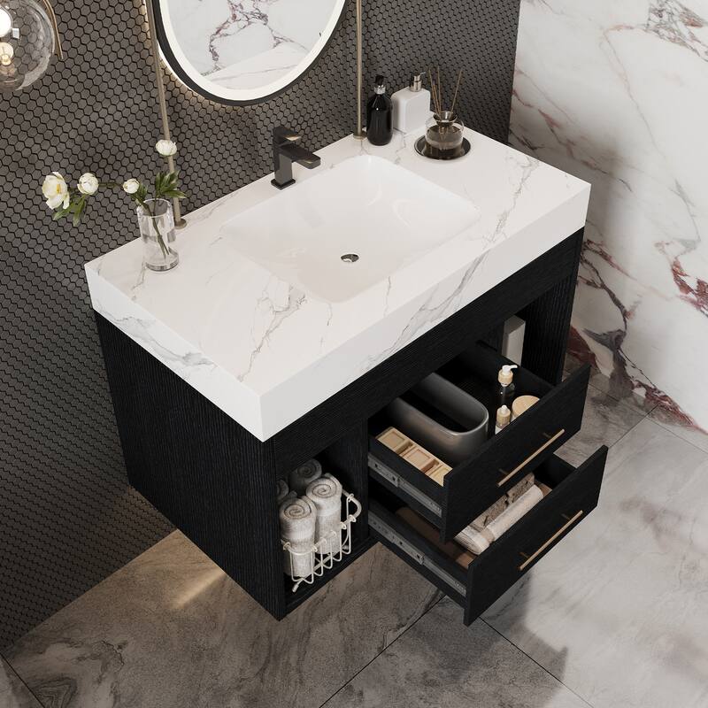 29.9" Modern Floating Bathroom Vanity - Sintered Stone Top with Ceramic Undermount Sink, Wall-Mounted for Small Bathrooms