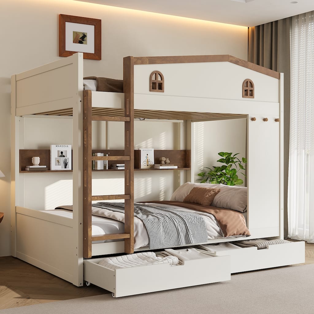 House-shaped Bunk Bed with Hooks, Storage Shelves, Safety Guardrails and Optional with Underbed Drawers or Trundle Bed