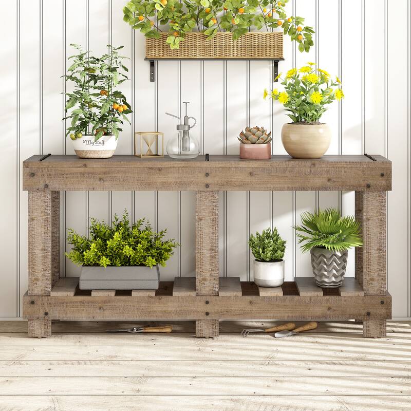 62.9" Cedar Entry Table‌ – 6 Reinforced Legs, 4.5" Thick Top, Metal Rivets & Shelf