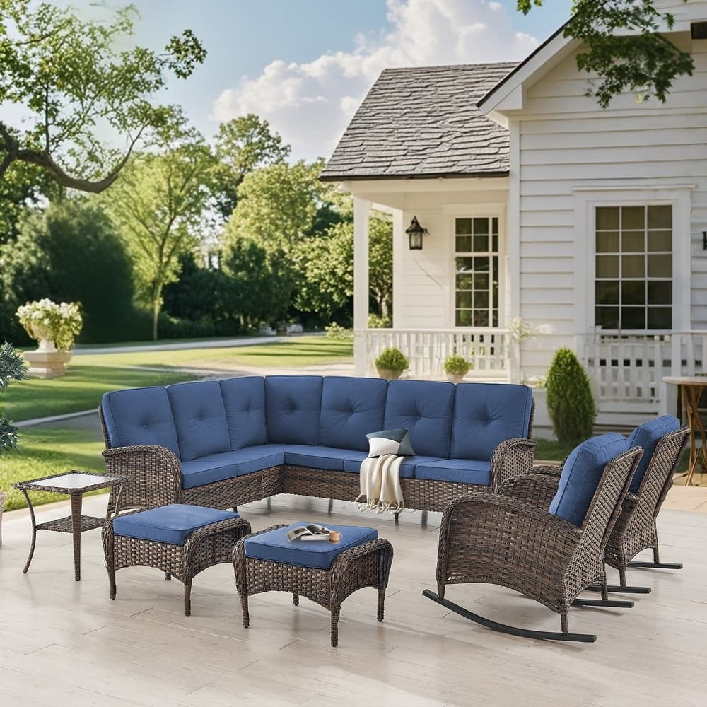 Gymojoy Outdoor Sectional Sofa Set with Rocking Chairs, Ottomans, Water-Resistant Cushions