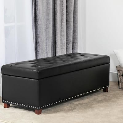 Adeco 46" Faux Leather Storage Ottoman Bench with Nailhead Trim