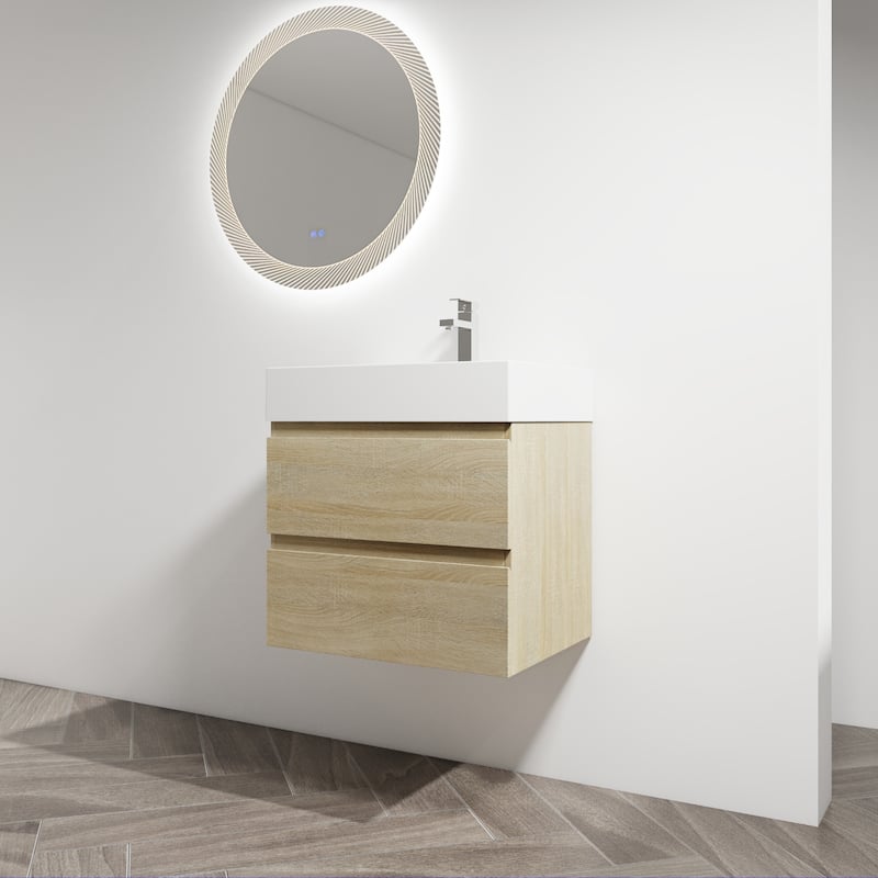 24" Wall-Mounted Bathroom Vanity With Resin Sink, 2-Soft Close Drawers