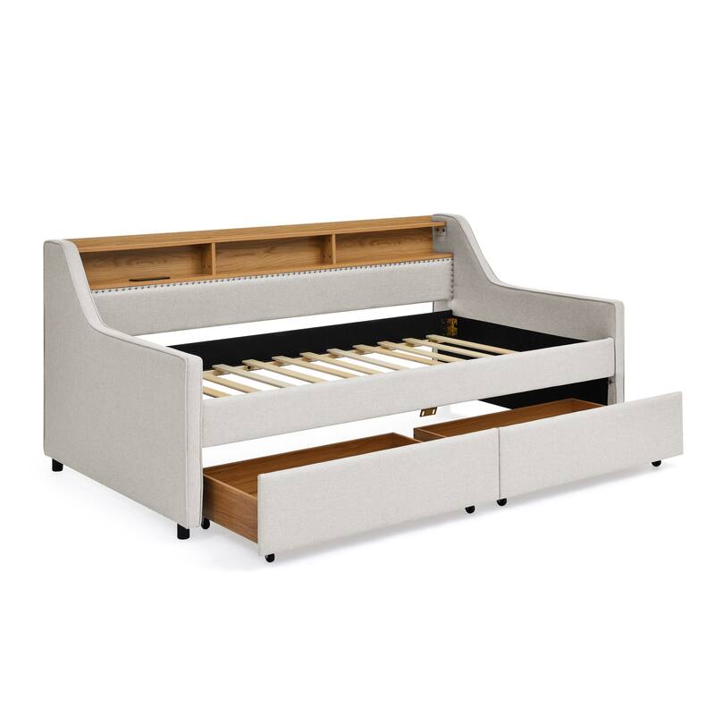 Twin Size Upholstery Daybed with Three LED Lights,Storage Adjustable Headboard and Two Storage Pull Up Drawers