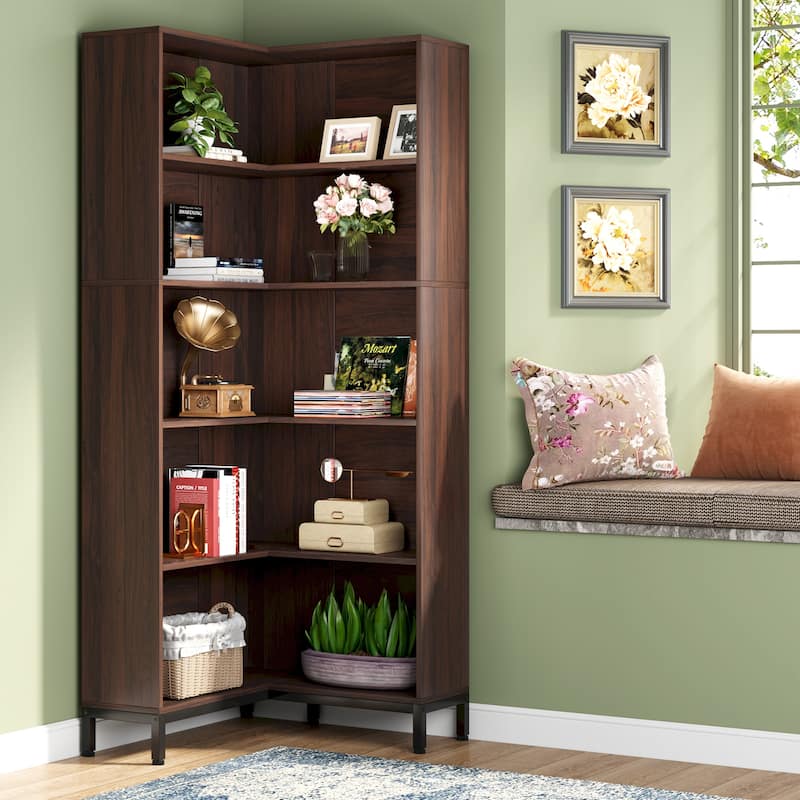 70.9 Ines Corner Bookcase, 6-Tiers L-Shaped Bookshelf Wood Display Shelf