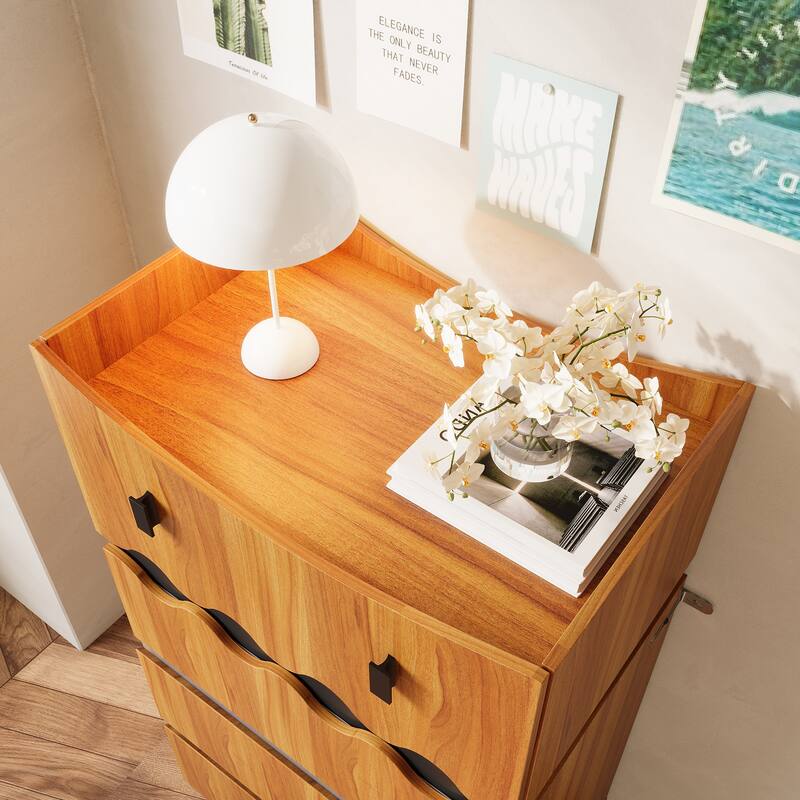 Modern Wave-Front 4-Drawer Dresser with Acrylic Panels, Wood Grain & Black Storage Cabinet Chest Cabinet
