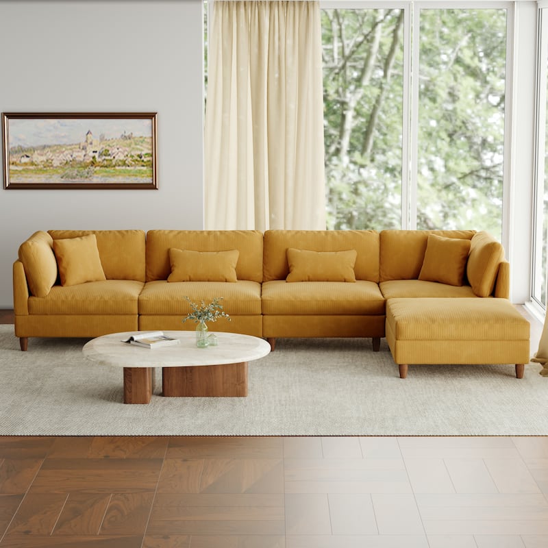 5-Piece Modern Comfy Corduroy Modular Sectional Sofa with Ottoman