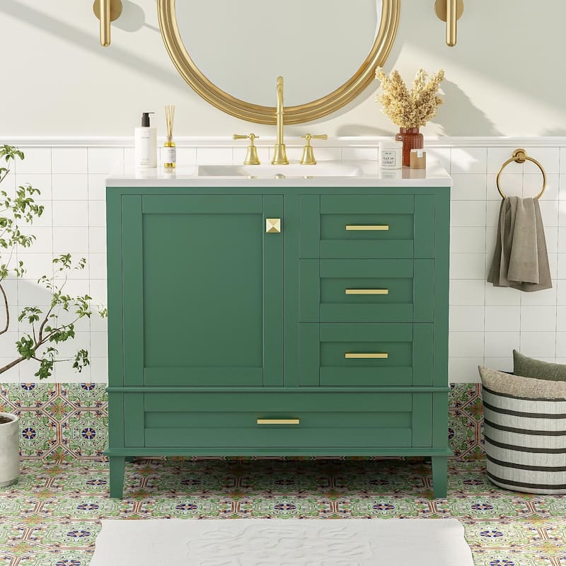 Roomfitters 36" Bathroom Vanity with Solid Pine Frame, 1 Soft Close Door and 3 Drawers, Modern Storage Cabinet