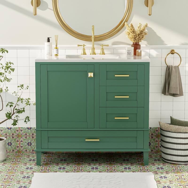 Simple Freestanding Bathroom Vanity Storage Cabinet with 3 Drawers of Different Sizes, Soft Close Door and Metal Handles - Green